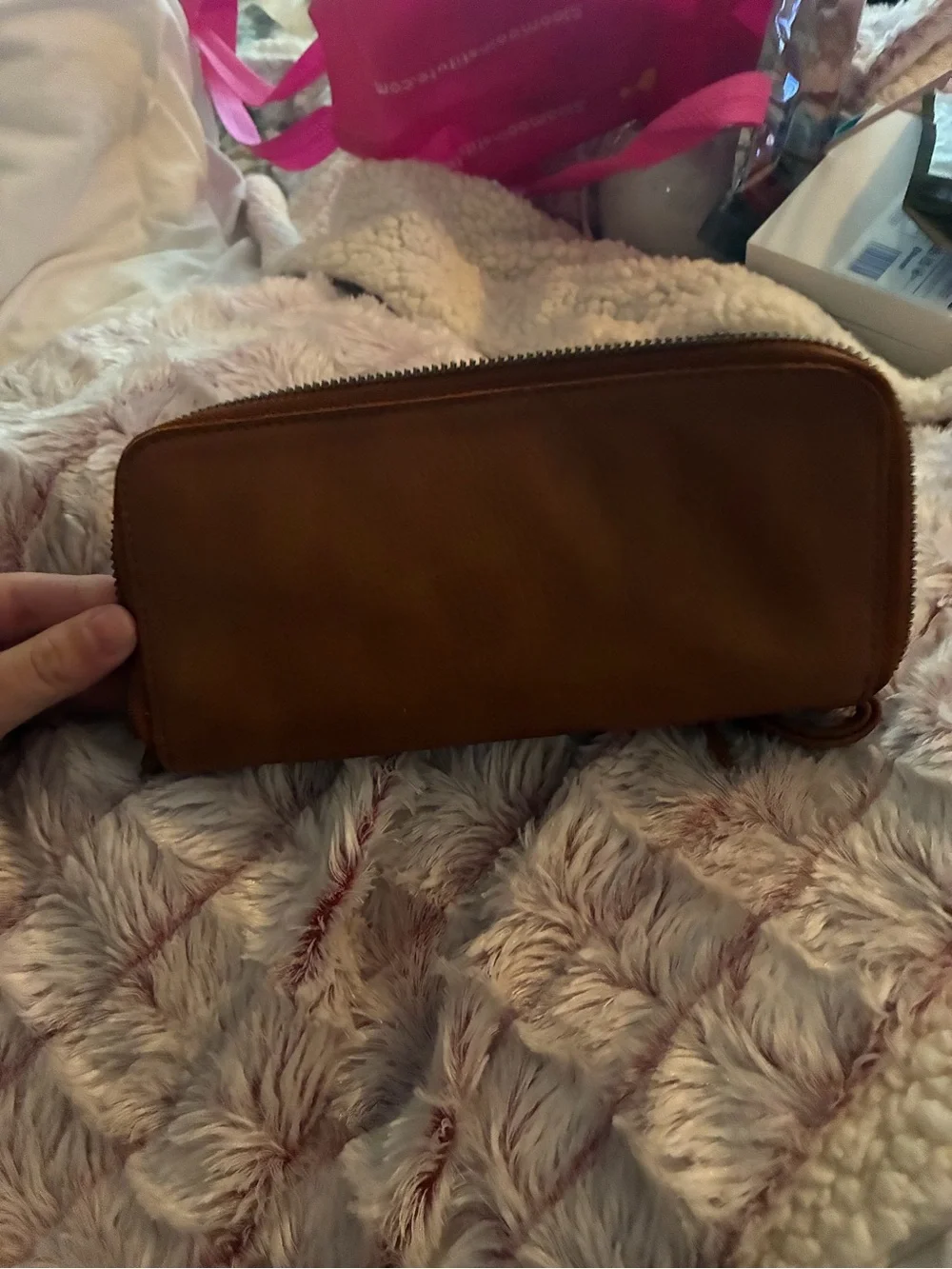 Free People Tan Leather Wristlet Wallet with Front Zip
